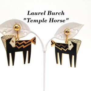 Laurel Burch Temple Horse Earrings Black White Enamel Gold Tone Vintage